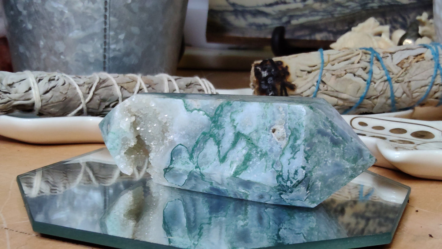 Moss Agate Double Point Druzy Pocket